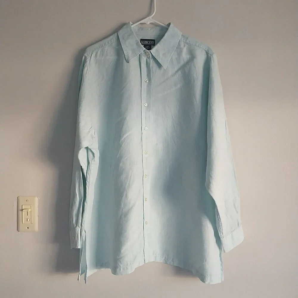 Lands End Shirt Tunic Dress Womens 20W 2X Blue Buttons Long Line Sleeve Slits